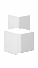 3D Render of Two White Cubes Interlocked in an Abstract Composition on a White Background.