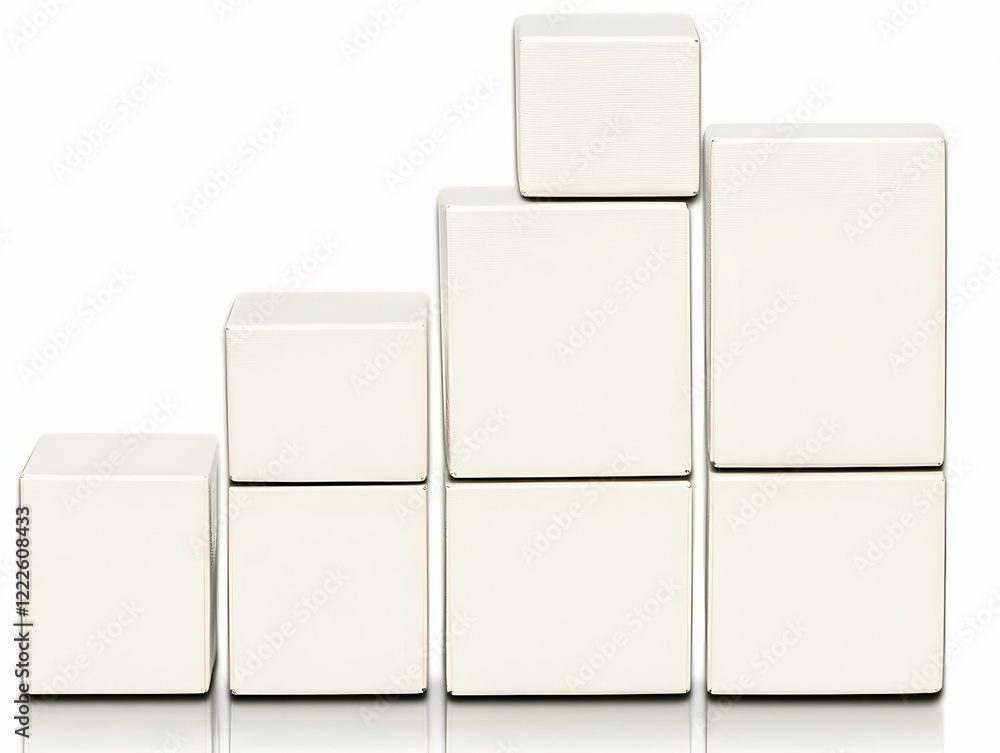 Poster white blocks form an ascending staircase structure on a reflective white background.