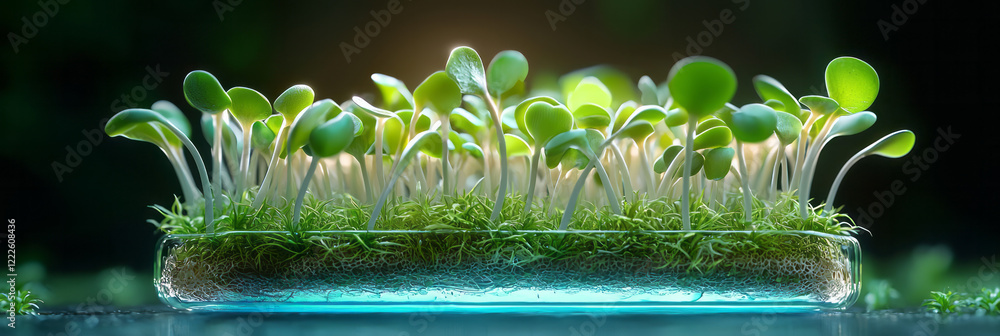 Poster a close-up 3d render of a dense cluster of green sprouts in a transparent glass container. the sprou