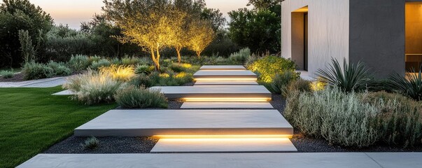 Obraz premium Minimalist home concept. A serene garden path illuminated by warm lights and surrounded by lush greenery.