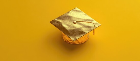 Tilted gold graduation cap centered on a bold yellow background symbolizing academic success and achievement with a glossy finish and textured details
