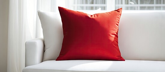 Vibrant red throw pillow positioned on a white sofa against a light minimalistic backdrop enhancing the aesthetic with bold color contrast