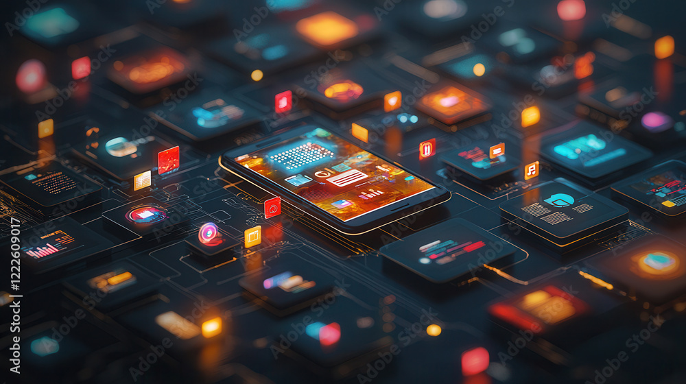 Poster glowing 3d database interface displayed over mobile phone, surrounded by digital icons and futuristi