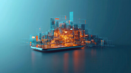 Fototapeta premium glowing 3D digital cityscape emerges from mobile phone, symbolizing futuristic technology and innovation