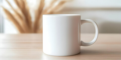 Fototapeta premium Blank White Cylinder Mug Mockup Stands on Table with Blurred Pampas Grass Background