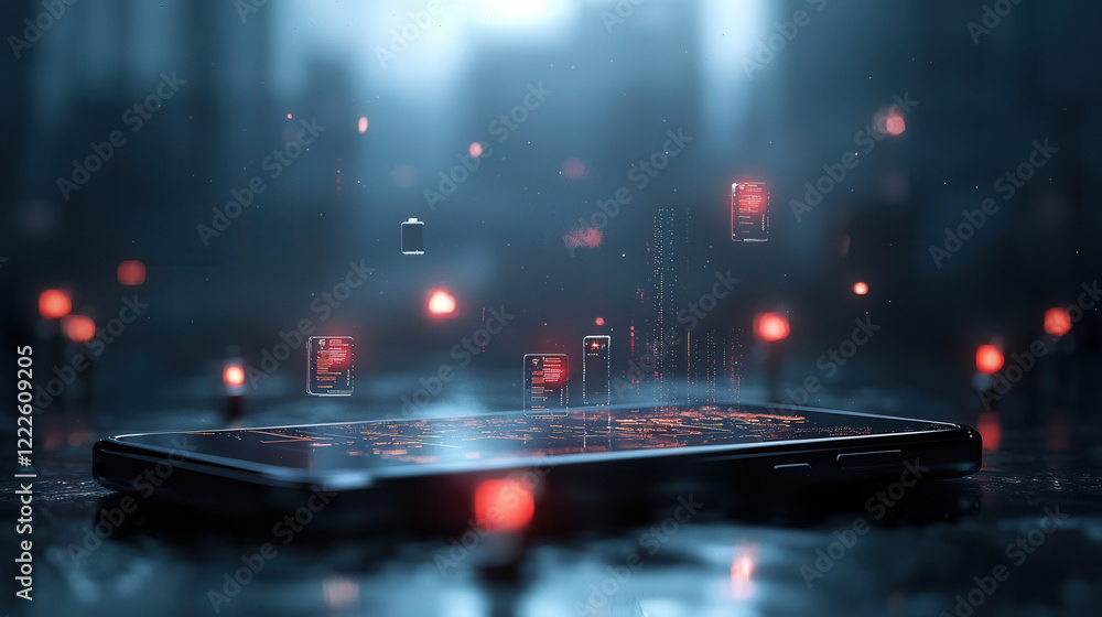 Poster glowing 3d database interface emerges above smartphone in futuristic cityscape, symbolizing advanced