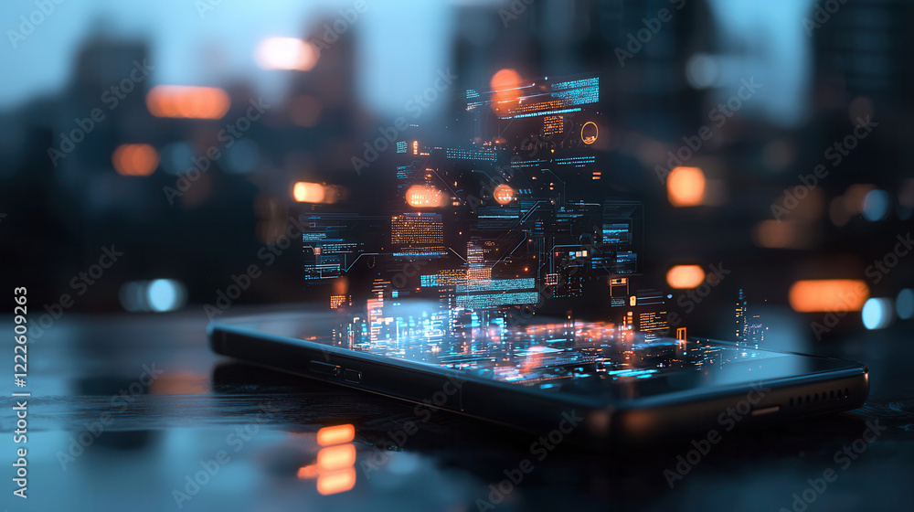 Poster glowing 3d database interface emerges from smartphone, symbolizing futuristic technology and data co