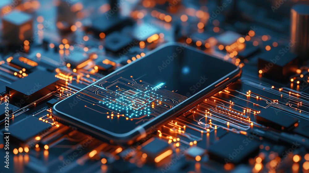 Poster glowing 3d database hologram displayed over smartphone, surrounded by futuristic circuit board