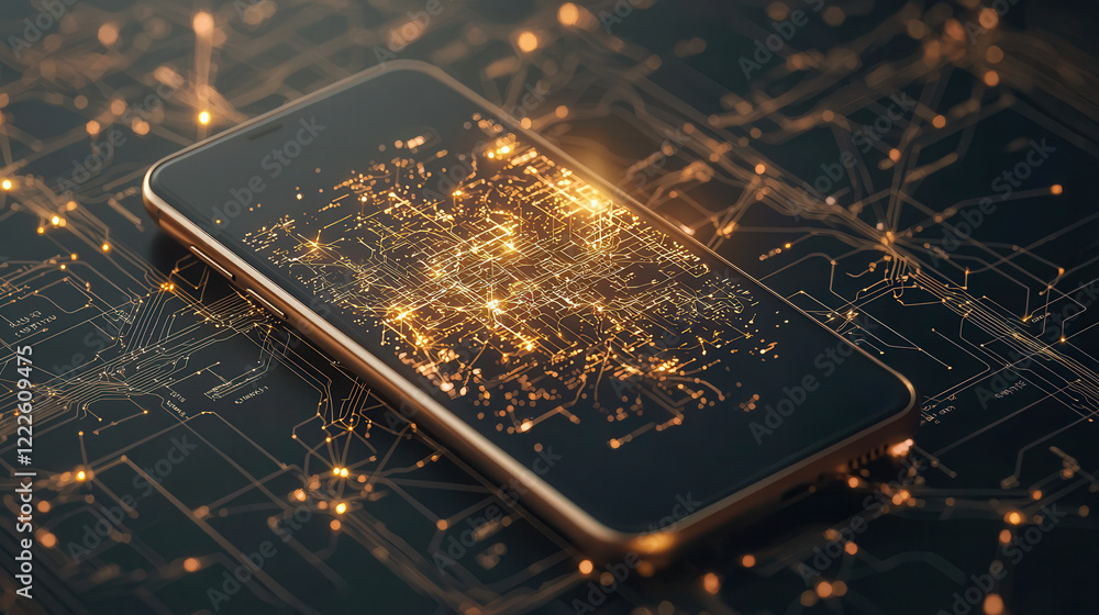 Poster glowing 3d digital database displayed on smartphone, surrounded by futuristic circuit board design