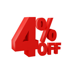 4 percent off red color 3d sign percent discount on isolated background.red and White on a Transparent Background