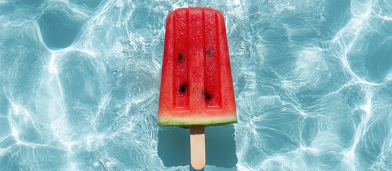 Bright red watermelon popsicle with wooden stick floats in clear turquoise pool water under sunlight, embodying summer freshness and fun.