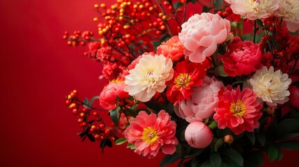 A vibrant bouquet of pink and red flowers against a rich red background, showcasing peonies, dahlias, and berries, creating a festive, cheerful atmosphere