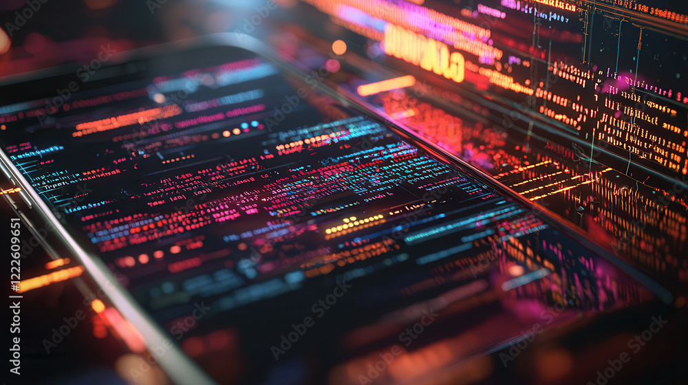 Aufkleber glowing 3d database interface displayed over mobile phone, surrounded by vibrant digital code and fu
