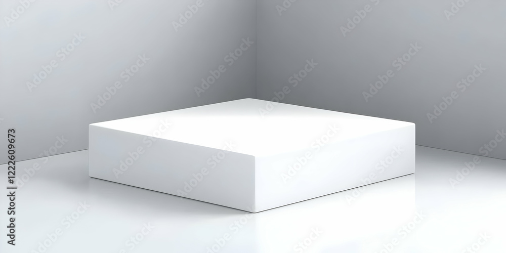 Poster white cube sits on a reflective surface in a corner of a room with soft lighting