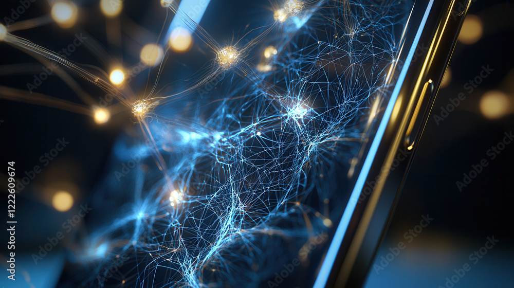 Poster glowing 3d network of data connections displayed on mobile phone screen, symbolizing advanced techno