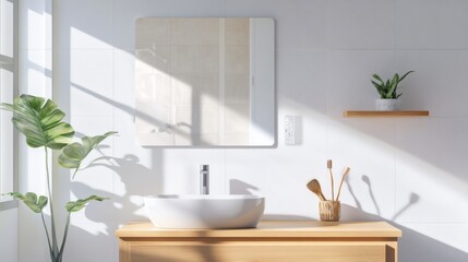 A cutting-edge smart mirror with a sleek, modern design in a clean, stylish bathroom
