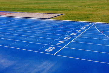 Blue running tracks with white numbers on them. A large soccer field with green artificial grass. A sand pit for long jumps.