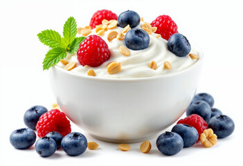 Yogurt with muesli and berries isolated on transparent or white background, png