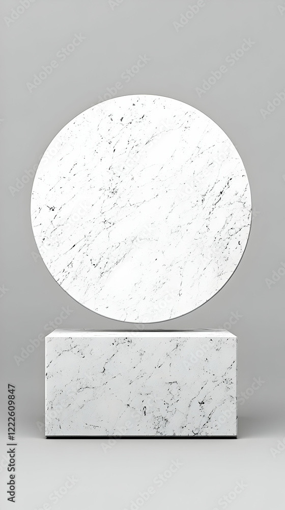 Poster white marble circle and rectangular podiums floating on a soft gray backdrop