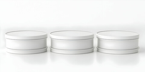 Obraz premium Three White Round Storage Containers with Lids on a White Background
