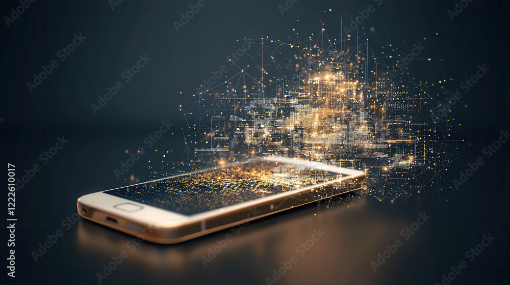 Poster glowing 3d digital database emerges from smartphone, symbolizing innovation and connectivity