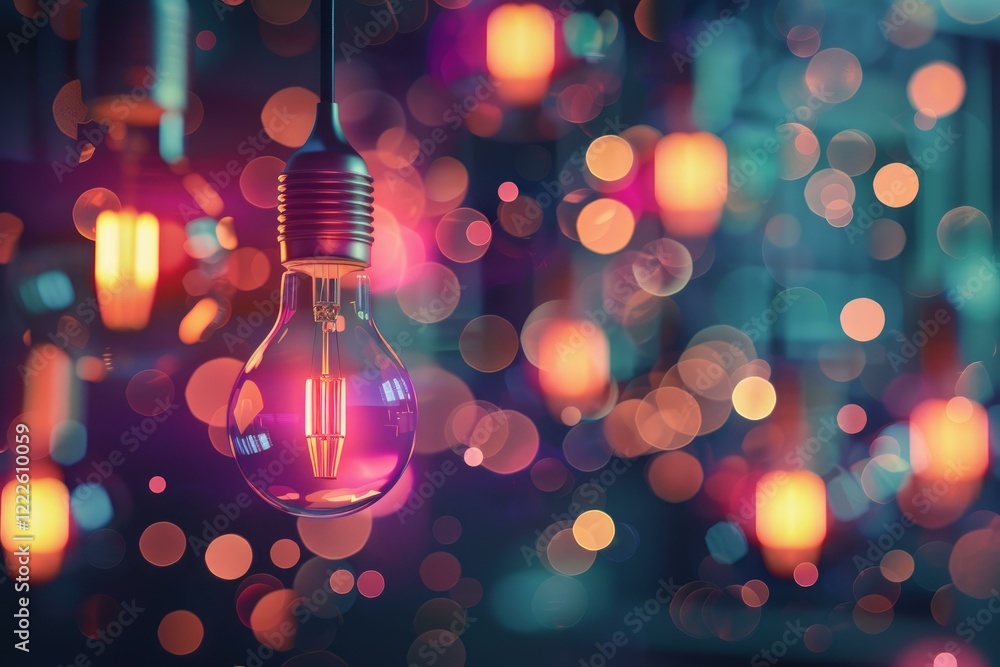 Poster glowing light bulb hangs in focus with colorful blurred lights creating a bokeh effect in the backgr