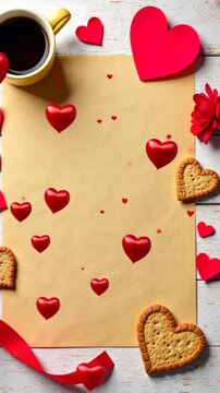 Romantic Valentine's Day scene With an empty subtext form, heart-shaped cookies, coffee mug and red rose, flying hearts