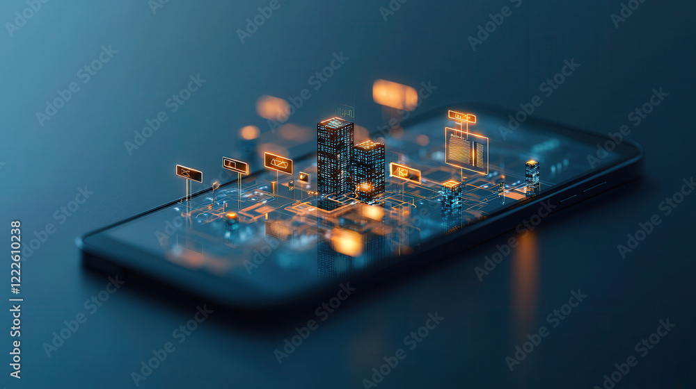 Poster glowing 3d digital database displayed over mobile phone, symbolizing futuristic technology and data 