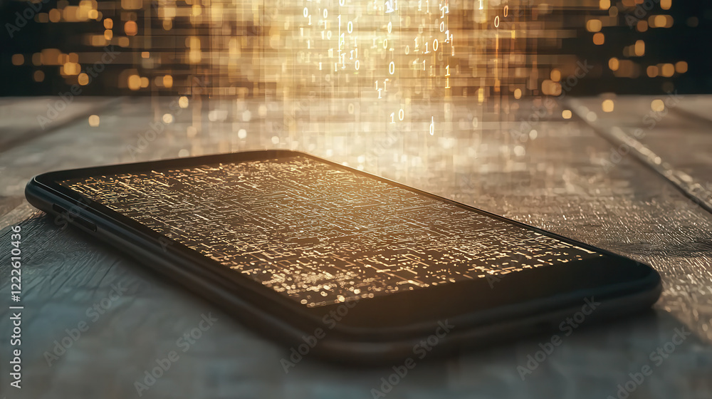 Poster glowing 3d database projection emerges from smartphone, symbolizing data transfer and technology inn