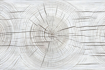 Obraz premium Whitewashed Wood Cross-Section Showing Growth Rings and Cracks Creates a Rustic Texture