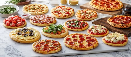 Homemade pizzas featuring vibrant toppings on a white marble surface, arranged aesthetically with fresh herbs and sauces in the background.