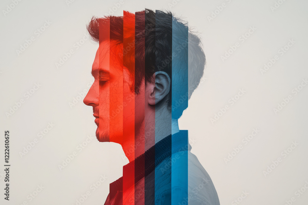 Poster a single figure with multiple transparent silhouettes overlapping, symbolizing various identities wi