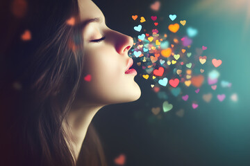 A surreal and dreamlike illustration of a woman exhaling a stream of vibrant, colorful hearts from her mouth