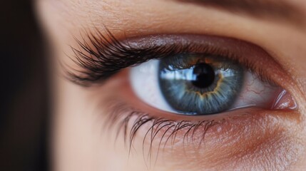Obraz premium Close-up of a beautiful blue eye with long lashes.