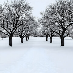 Snow-Covered Trees Stand Tall in a Serene Winter Landscape Photo with Undisturbed Snow