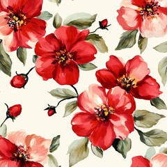 Seamless pattern with  red watercolor flowers. 