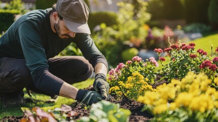 A close-up of a landscaper in a hat and gloves, planting flowers with a beautifully designed garden in the background, Landscaping scene