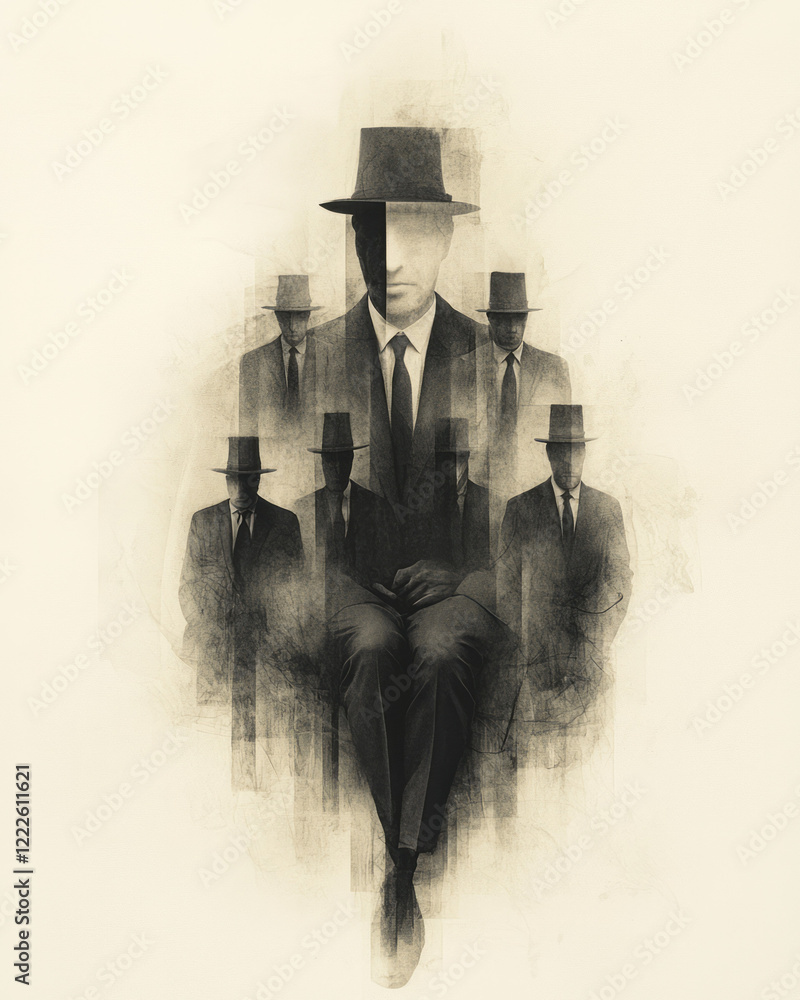 Poster a conceptual collage where one body has multiple heads, subtly differing in style and emotion