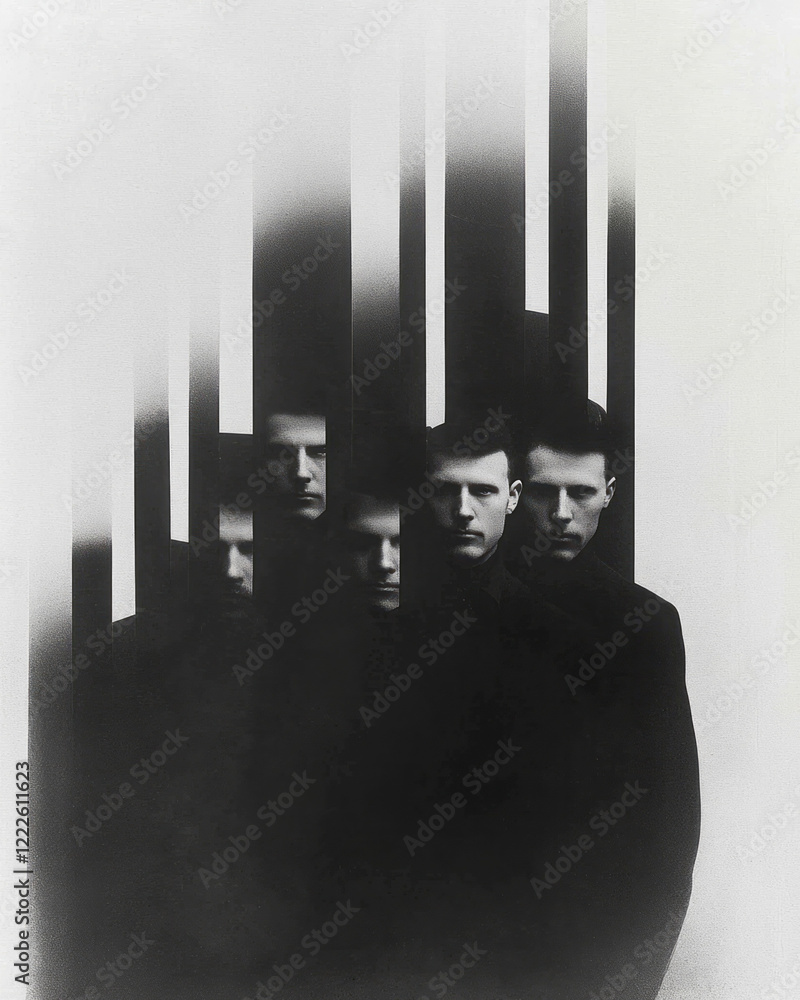 Poster a conceptual collage where one body has multiple heads, subtly differing in style and emotion