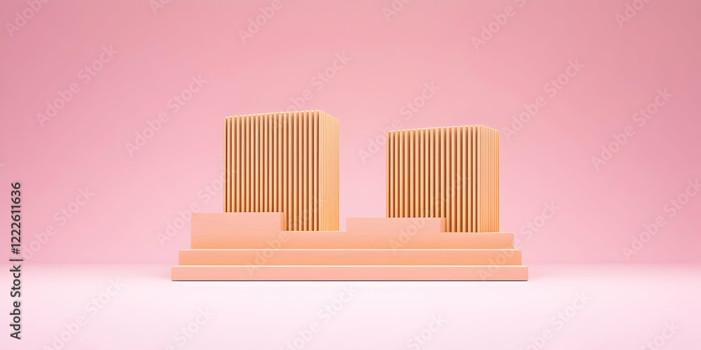 Poster 3d render of two abstract buildings on steps in pink background