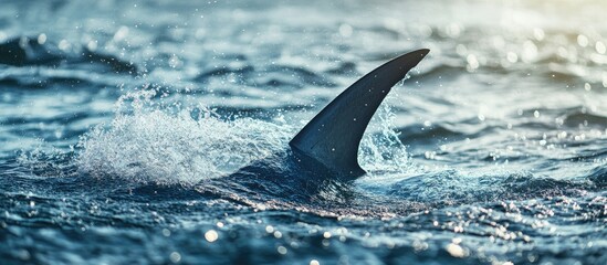 Fototapeta premium Shark tail fin emerging from ocean waters, highlighting its sleek form against shimmering blue waves and splashing droplets in a natural setting