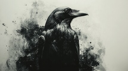 Majestic Raven in Monochrome Abstract Setting