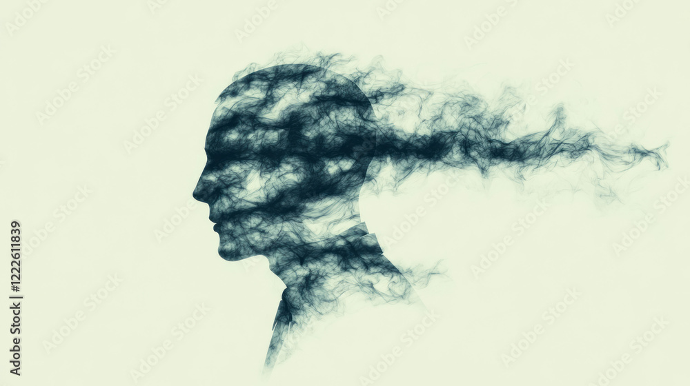 Poster a surreal rendering of a human figure dissolving into several translucent outlines, each expression