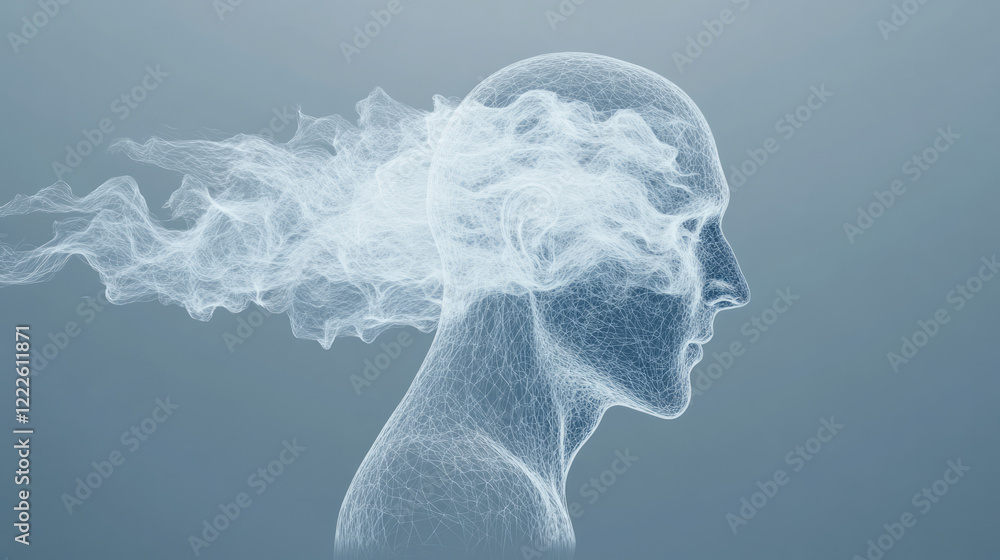 Poster a surreal rendering of a human figure dissolving into several translucent outlines, each expression
