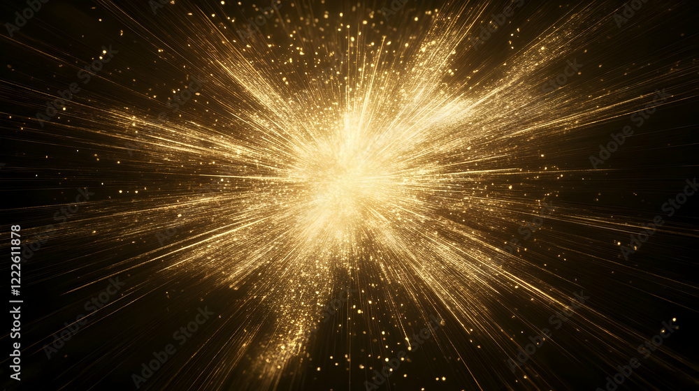 Poster golden explosion of light and particles creates a dazzling visual spectacle in the dark void
