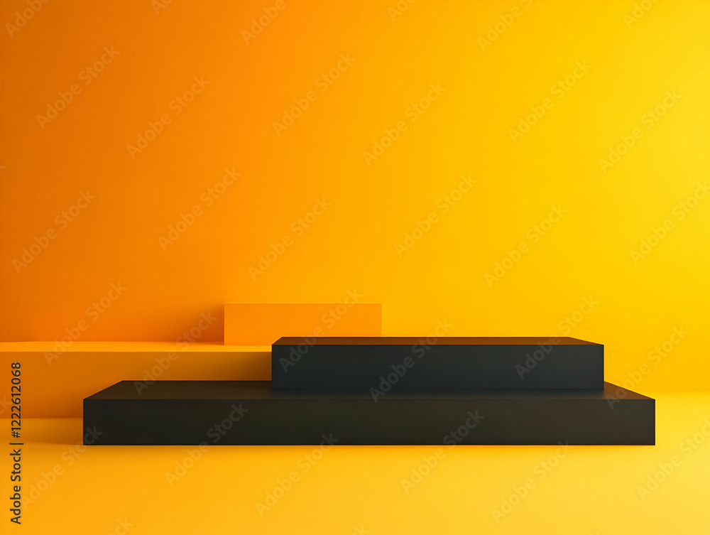 Poster 3d black rectangular podiums display on orange background with minimalist modern style