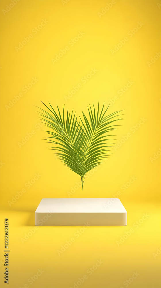 Aufkleber 3d white platform display with palm leaves on a yellow background for product placement.