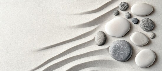 Gray and white pebbles arranged harmoniously in rippled light beige sand with smooth textures creating a serene and calming landscape composition.