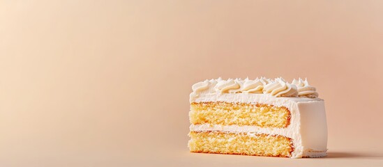 Delicate vanilla cake slice with creamy frosting on a soft peach background ideal for dessert promotions or bakery advertising events