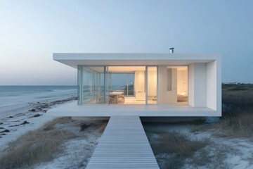 A minimalist coastal house with clean white concrete, glass walls, and a narrow wooden deck
